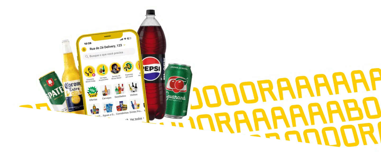 Smartphone no centro com diversos tipos de bebidas em volta com um contorno branco simulando um recorte